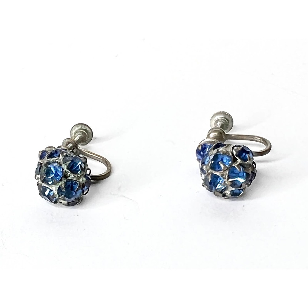 Vintage Blue Rhinestone Cluster Screw‑Back Earrings